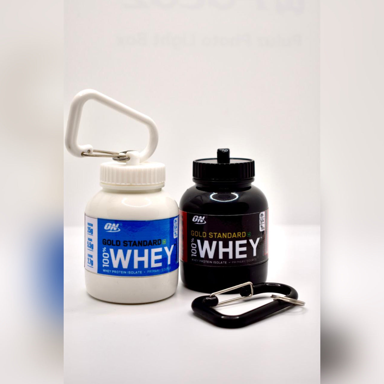 (PACK OF 2 Black+White) Portable Supplement Powder Carrying Whey Protein Funnel and Container with Key-Chain