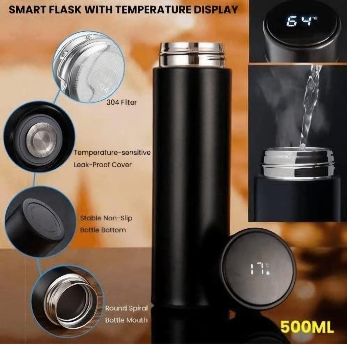 MULTI-PURPOSE 500ML Smart Temperature Insulated Steel BOTTLE with LED Temperature Display