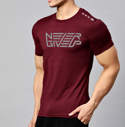 MAROON  short sleeve tshirt NEVER GIVE UP