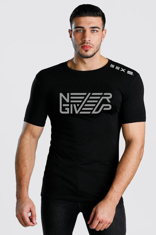 BLACK  short sleeve tshirt NEVER GIVE UP