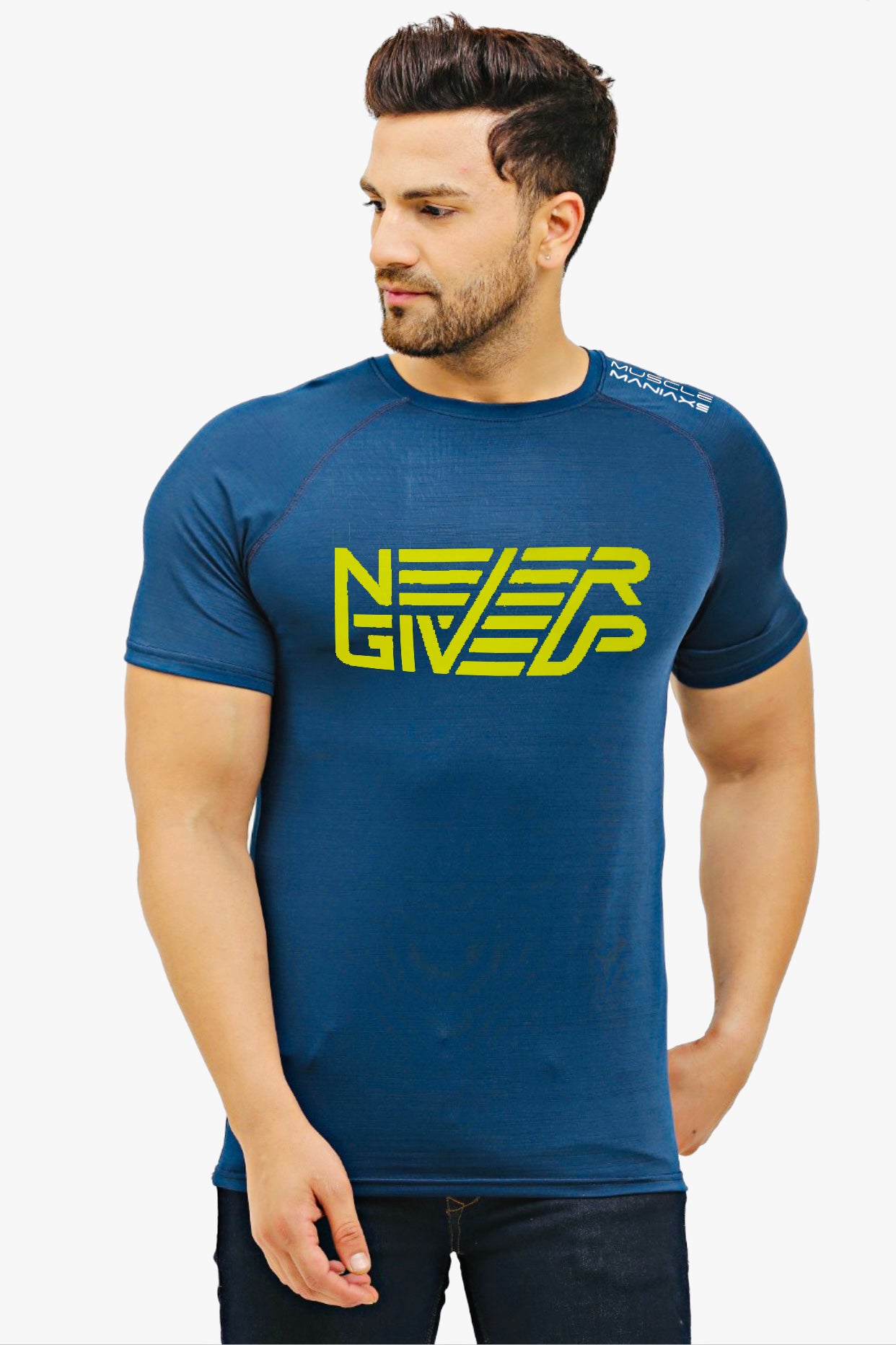 MISTIC BLUE short sleeve tshirt NEVER GIVE UP